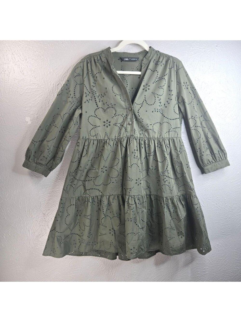 Zara Mini Babydoll Dress Small Green Floral Eyelet Cotton Boho Cottage Tiered